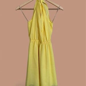 ali & jay yellow chiffon halter fit and flare mini dress